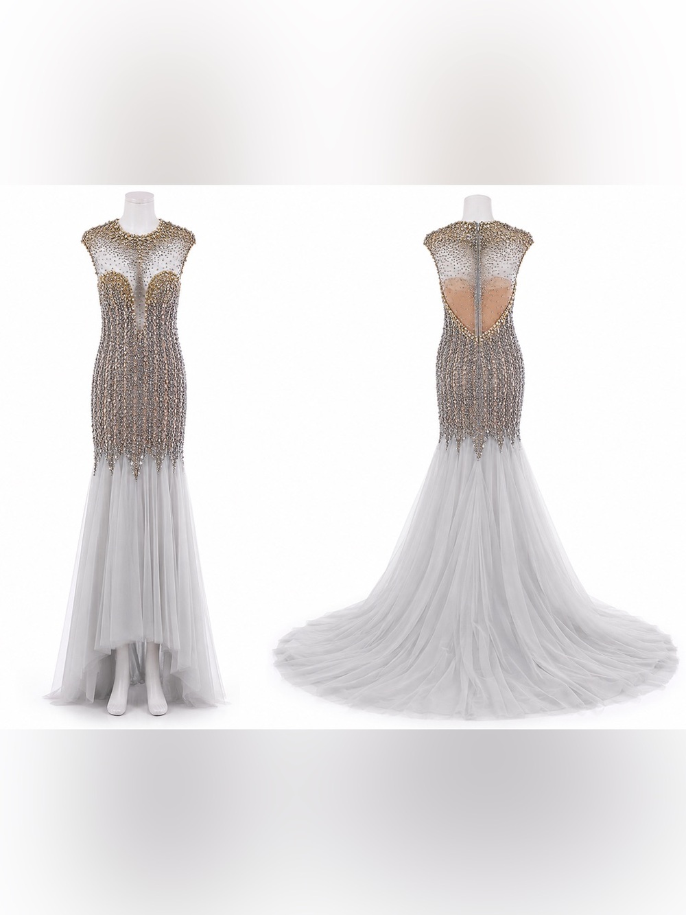 Terani Couture Embellished Silver Tulle Formal Evening Gown sz 8